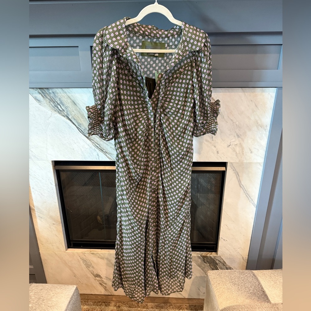 Anthropologie Olive Green Printed Long Sleeve Maxi Dress
